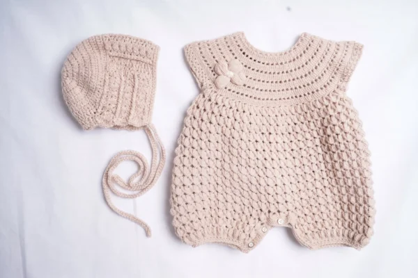 Knitted Baby Girl Romper with Cap
